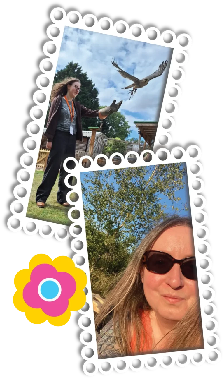 Two images with decorative borders image at the top is of roo image at the bottom is jaz