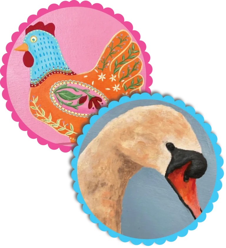 example artworks graphic style painting of a chicken in a folk style and a realistic painting of a swan